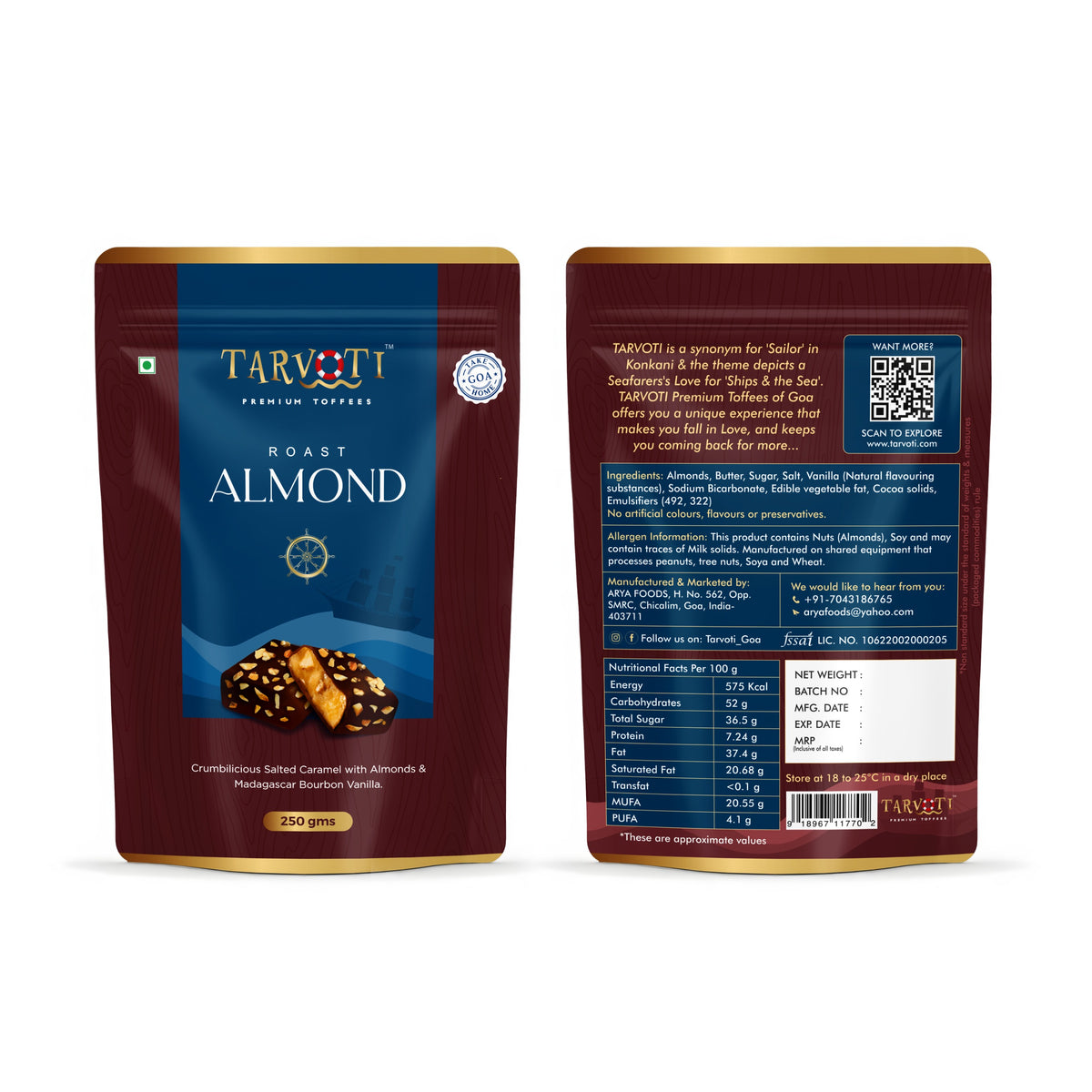 TARVOTI Premium Toffee- Roast Almond | 250g pouch | Party pack+Crumbilicious snack | Almond, Butter & Salted Caramel with Madagascar Bourbon Vanilla