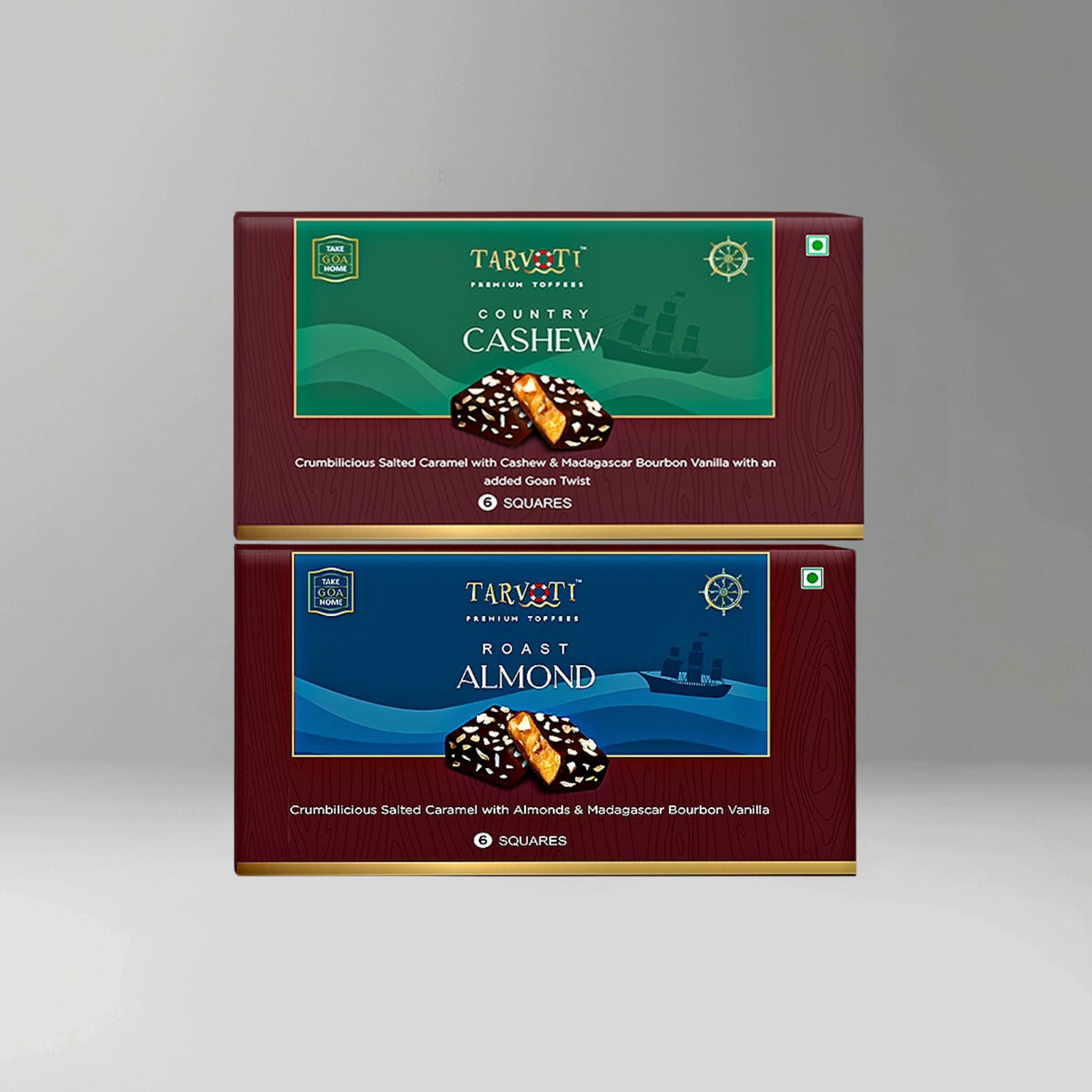 TARVOTI Premium Toffee- 2pc Combo | Roast Almond + Country Cashew | 6units pouch x 2pcs x 48g each