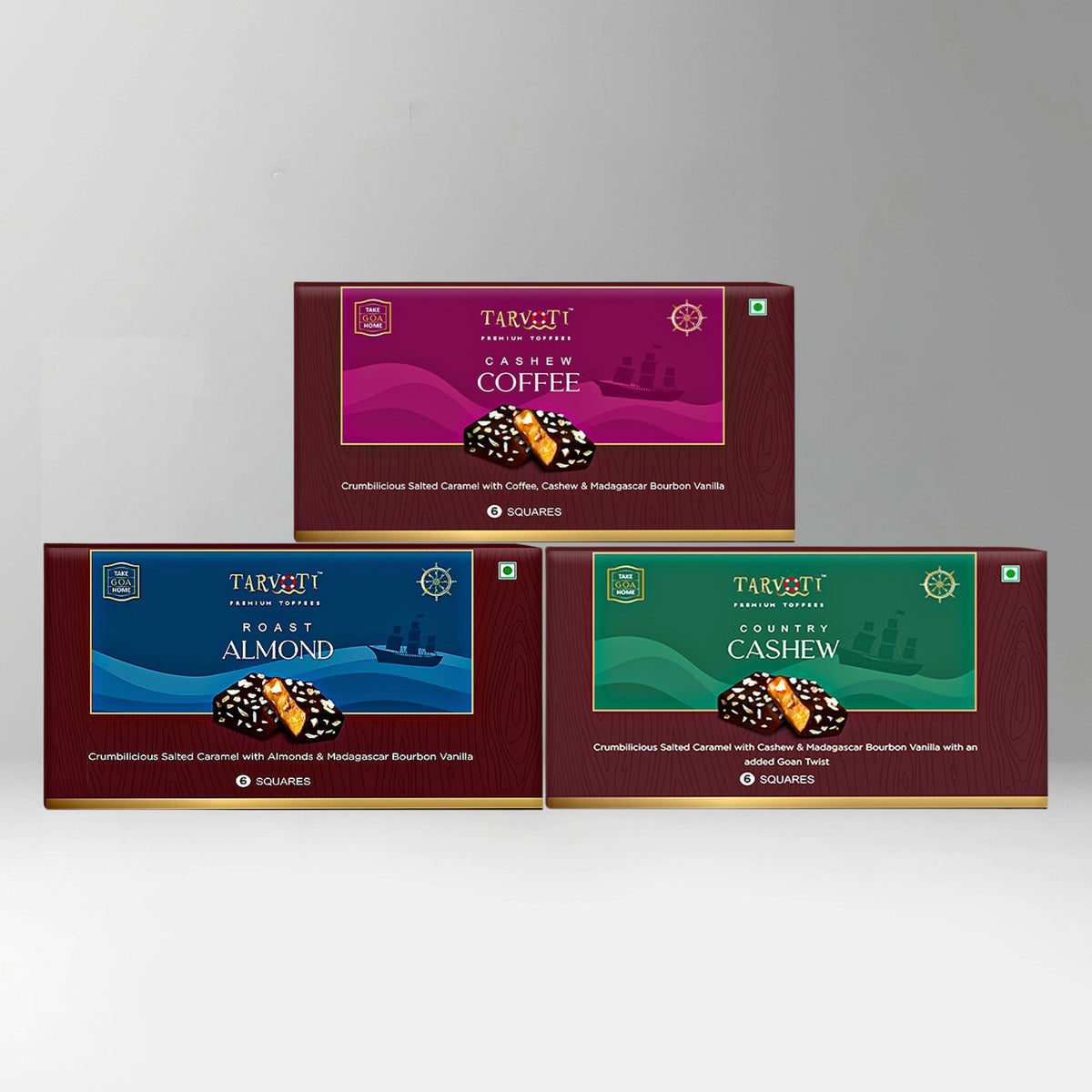 TARVOTI Premium Toffee- 3pc Combo | Roast Almond + Coffee Cashew + Country Cashew | 6units pouch x 3pcs x 48g each